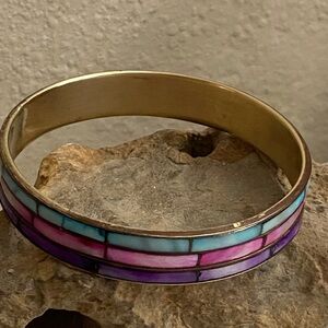 Vintage 80s India BRASS Mother of Pearl Pink Blue Purple Inlay  Bangle Bracelet